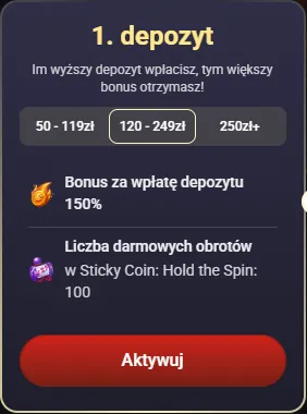 Karta pierwszego depozytu w casino altaris: progi 50–119, 120–249 i od 250 zł